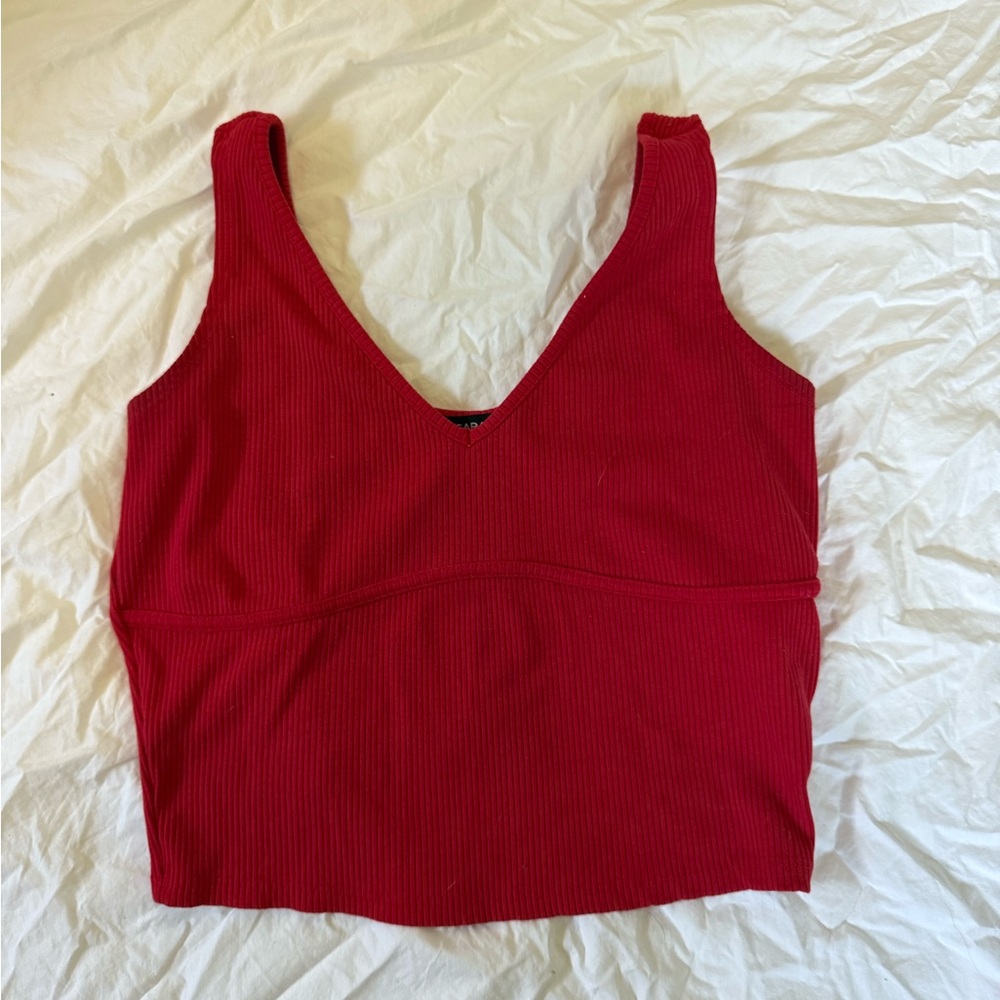 Red V-Neck Ribbed Tank Top